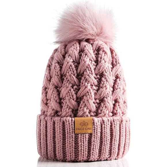 Women’s pink Winter Ribbed Beanie Hat Chunky Cable Knit Pompom Warm main image 4